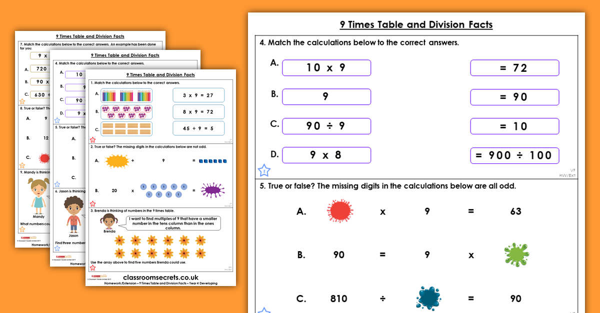 9 Times Table and Division Facts Homework Homework
