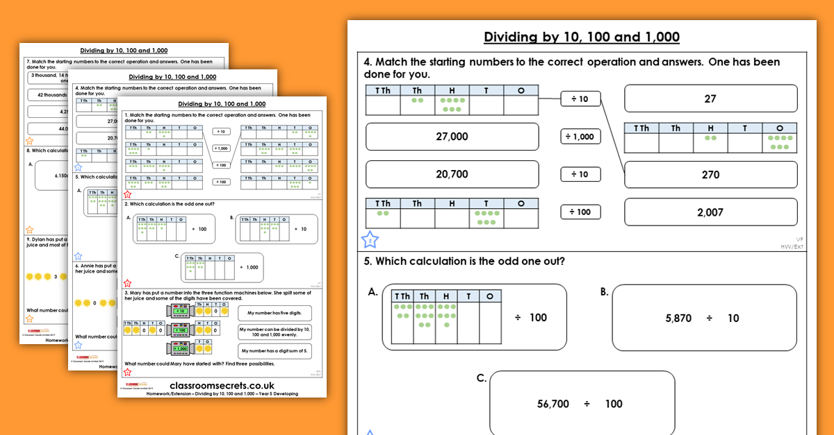 Dividing by 10, 100 and 1,000 Homework