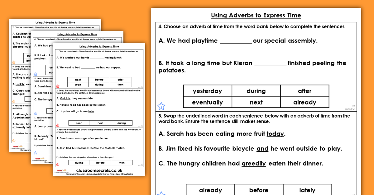 Year 3 Using Adverbs to Express Time Homework