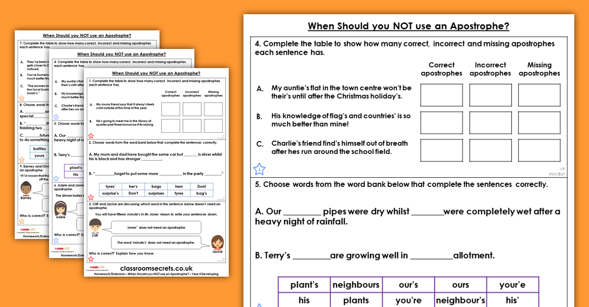 Year 4 When Should you NOT use an Apostrophe? Homework