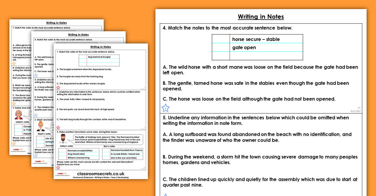 Year 6 Writing in Notes Homework