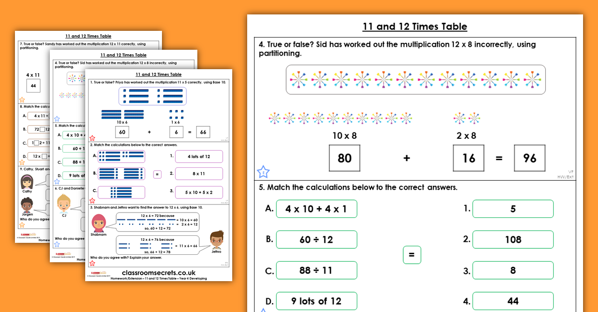 Free 11 and 12 Times Table Homework