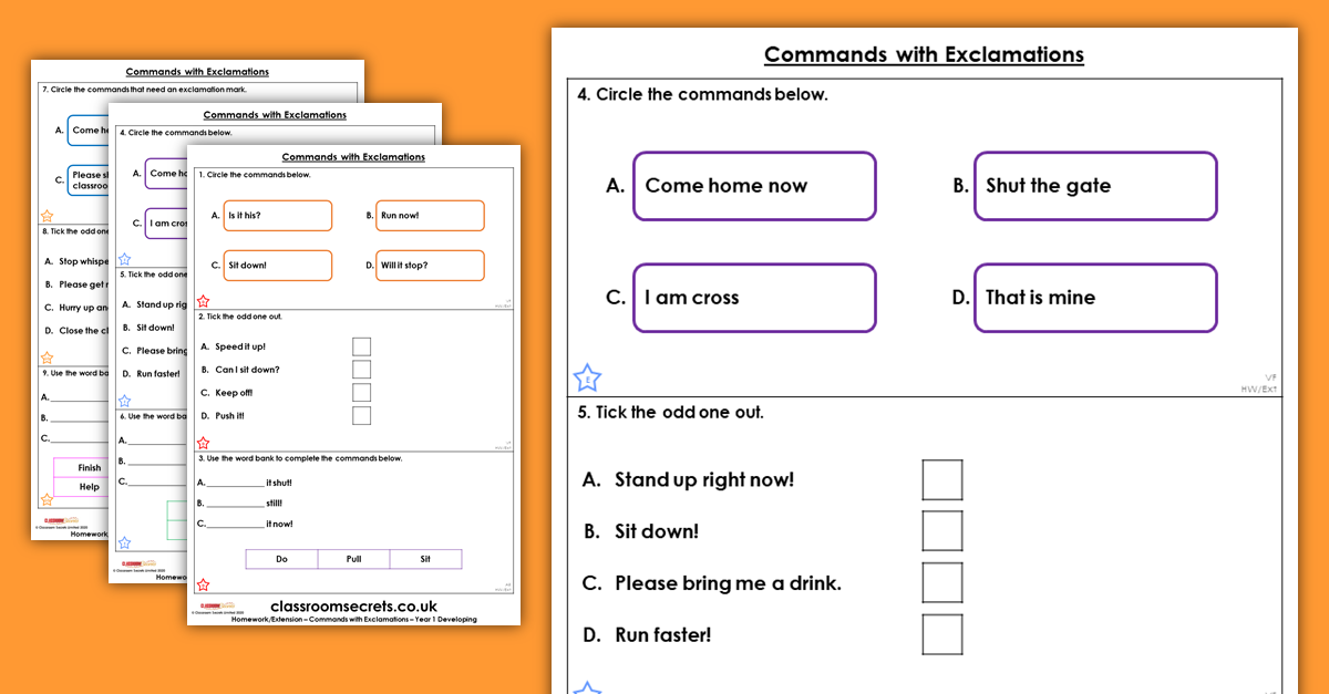 Year 1 Commands with Exclamations Homework