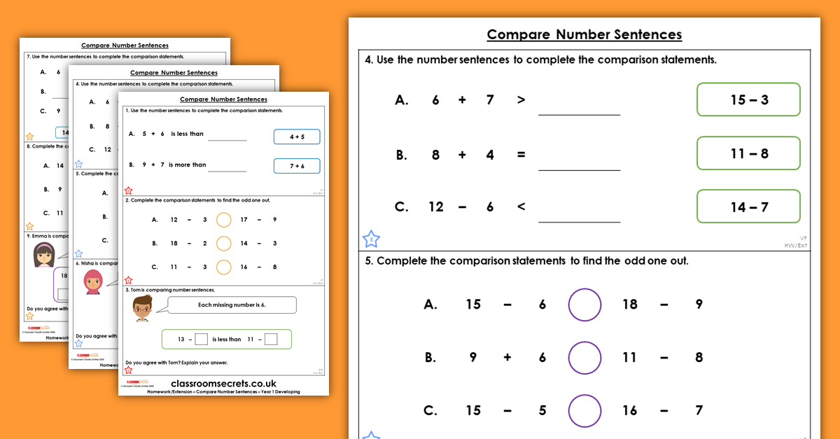 Compare Number Sentences Homework Extension Year 1 Addition and