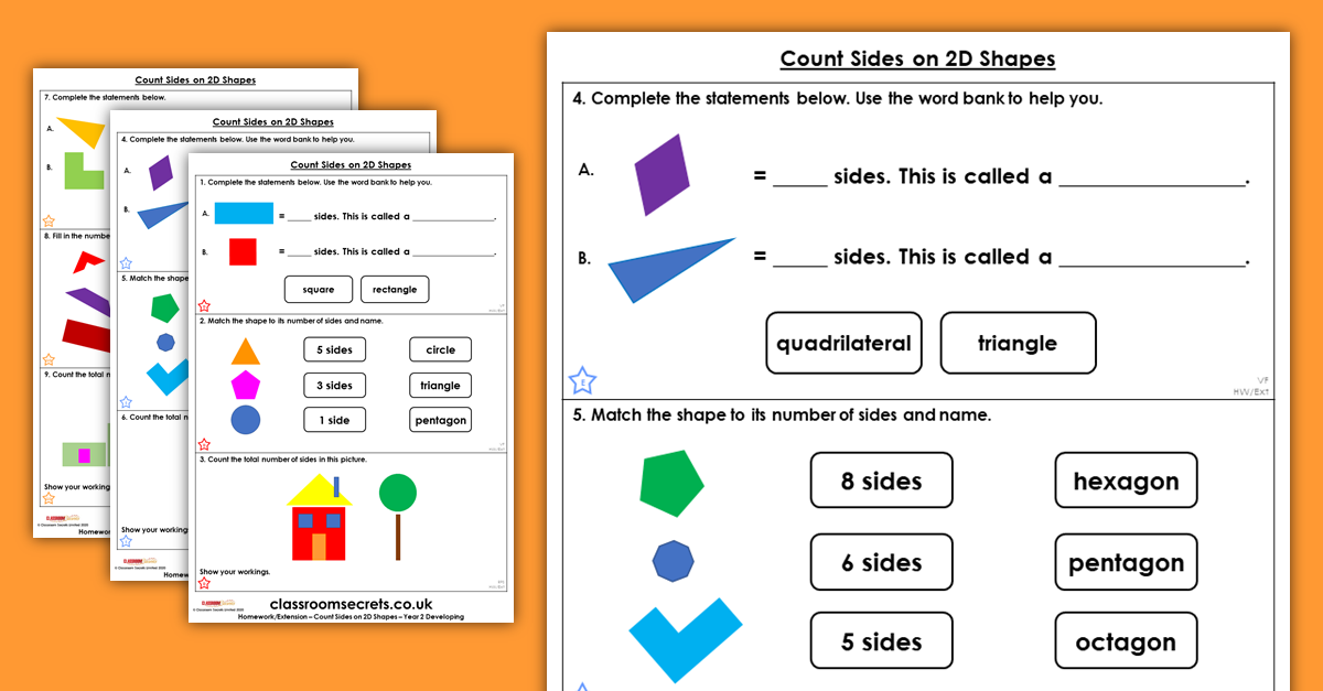 Year 2 Count Sides on 2D Shapes Homework