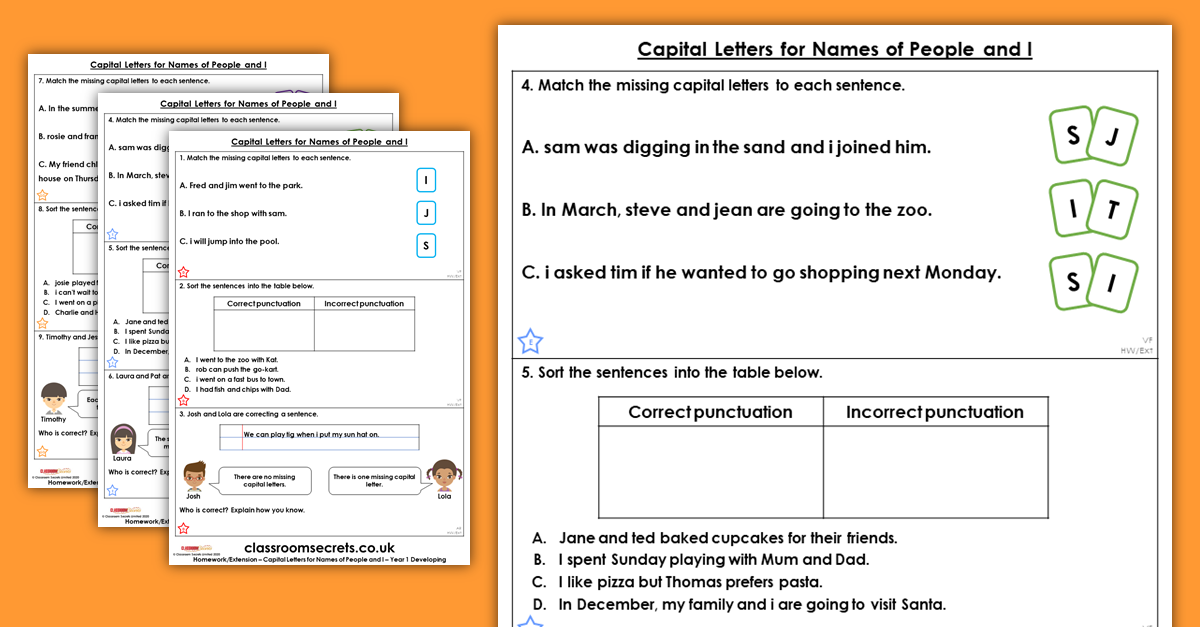 Year 1 Capital Letters for Names of People and I Homework