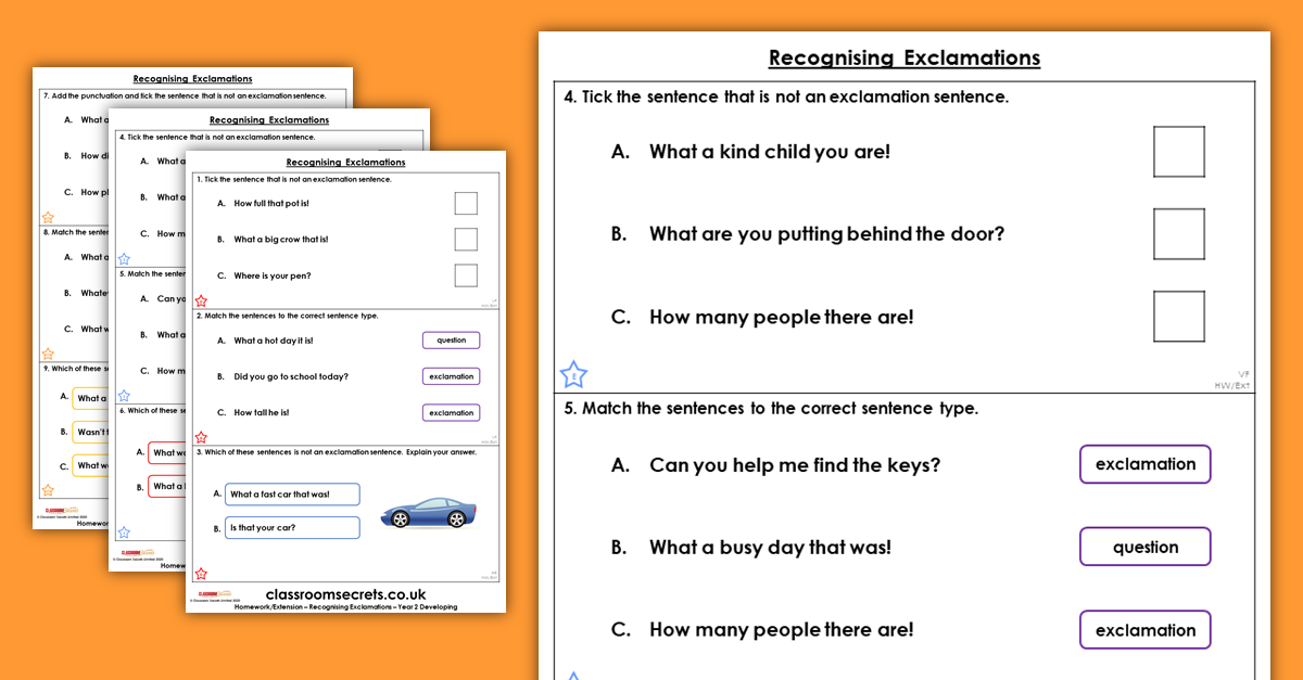 Free Year 2 Recognising Exclamations Homework