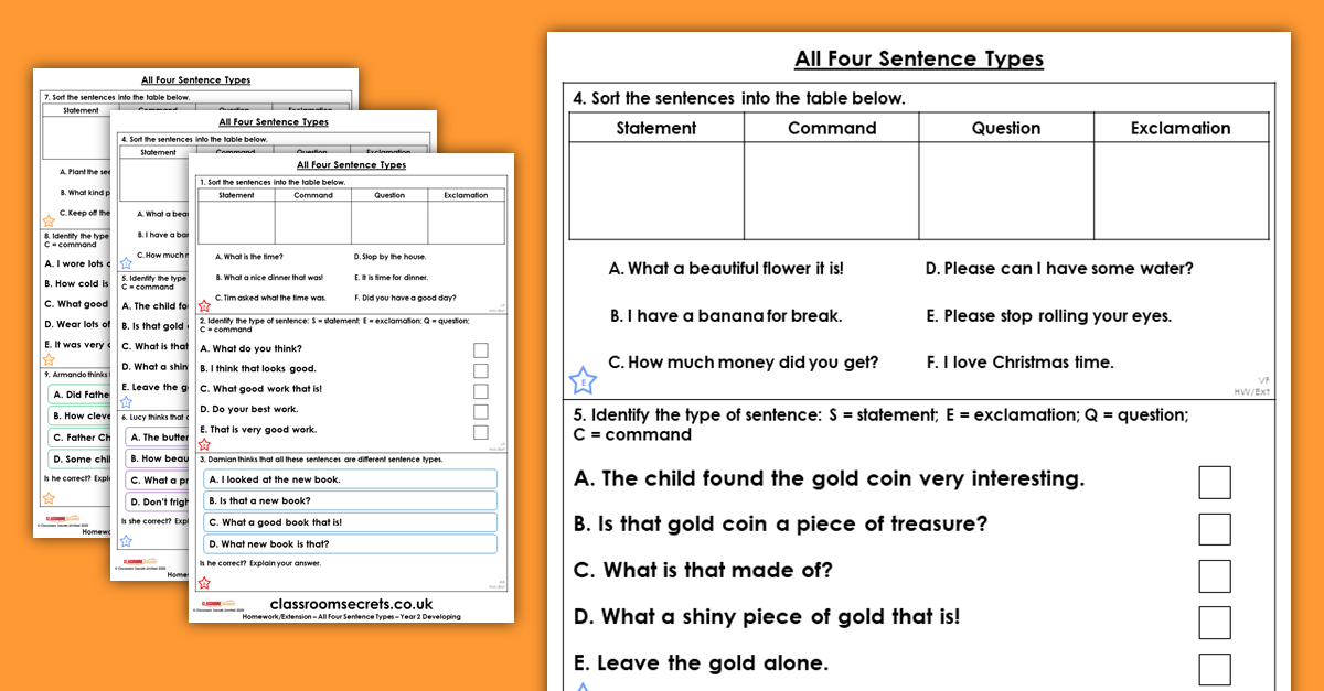 Year 2 All Four Sentence Types Homework