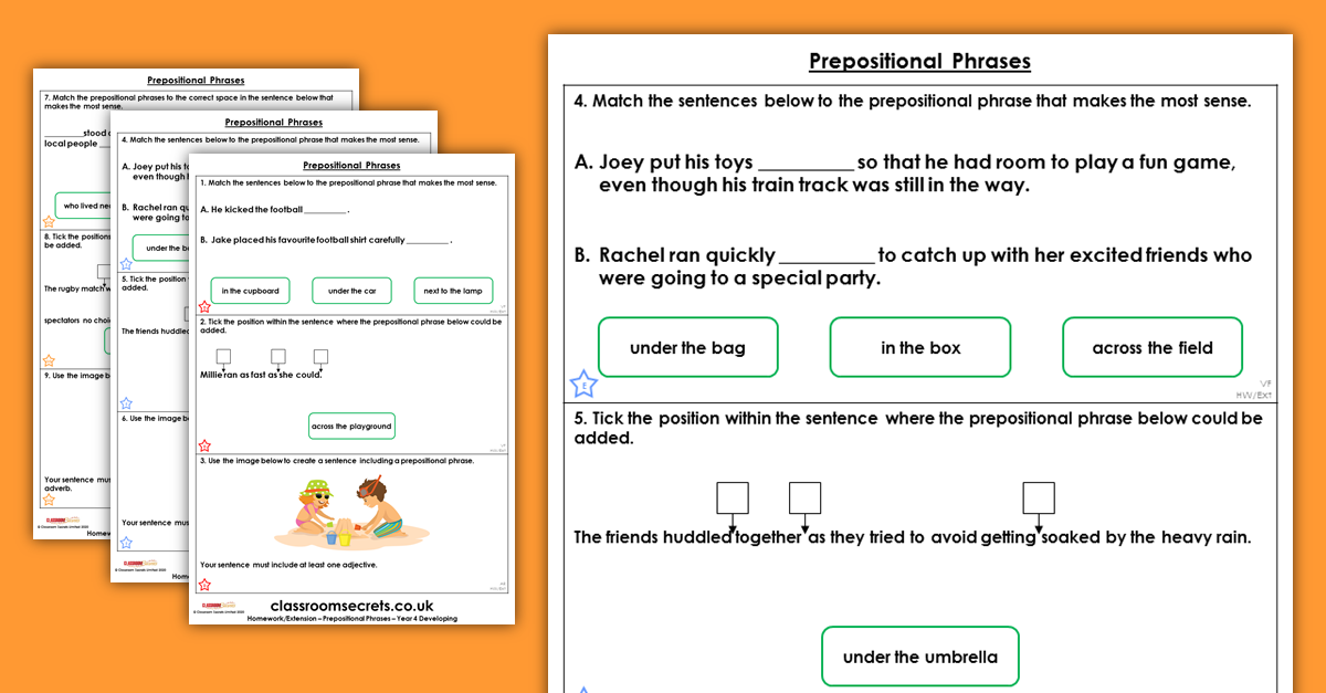 Year 4 Prepositional Phrases Homework
