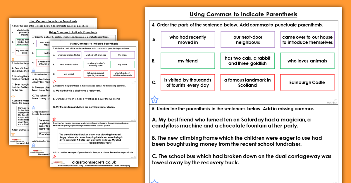 Year 5 Using Commas to Indicate Parenthesis Homework