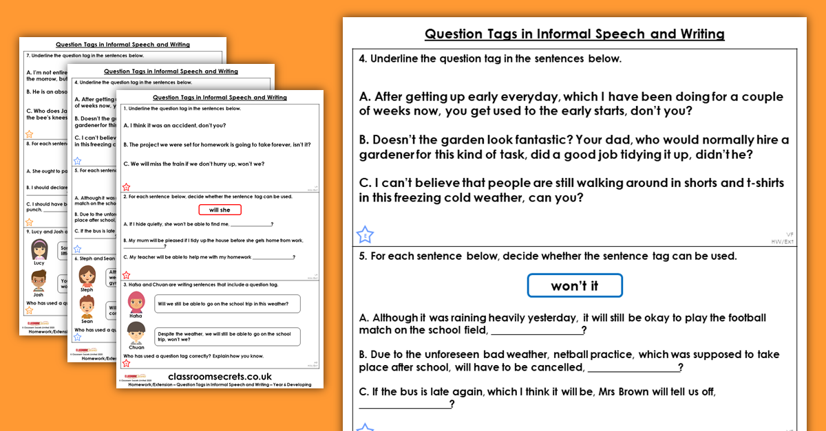 Year 6 Question Tags in Informal Speech Homework