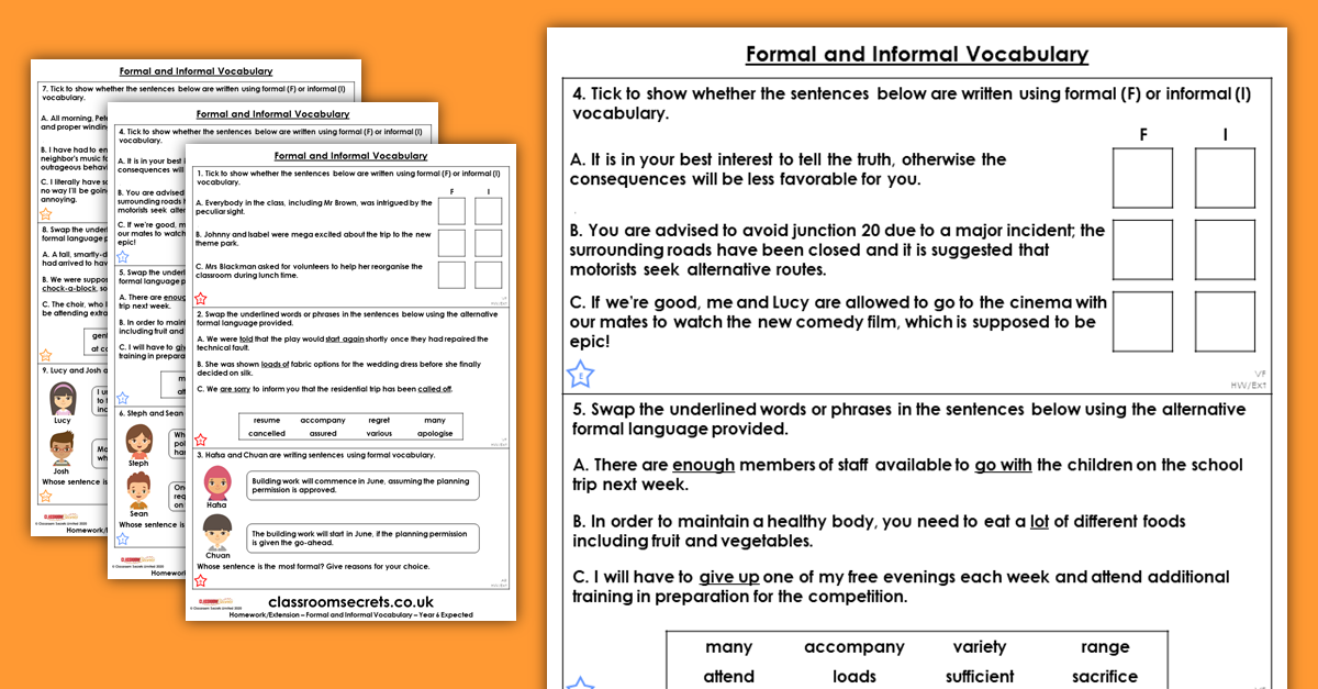 Year 6 Formal and Informal Vocabulary Homework