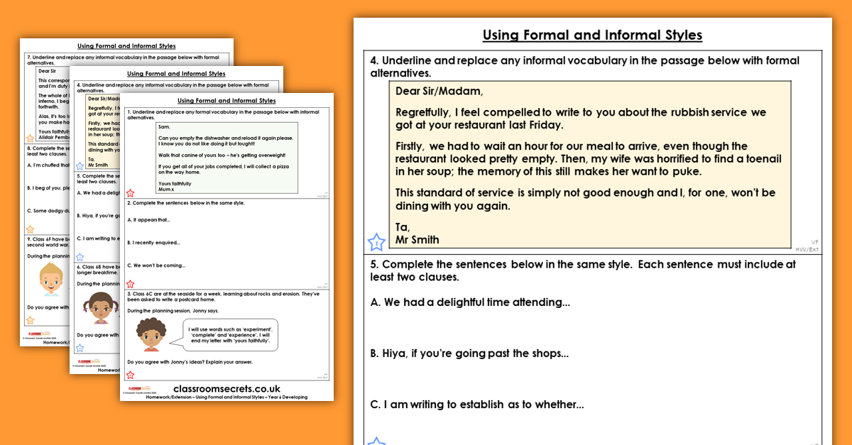 Year 6 Using Formal and Informal Styles Homework