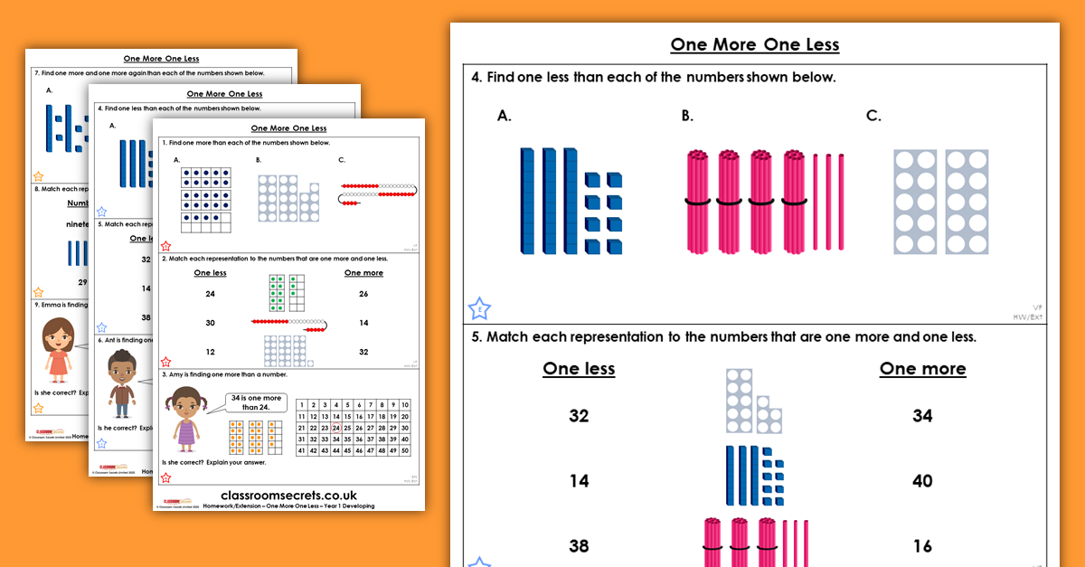 One More One Less Homework Extension Year 1 Place Value Classroom Secrets