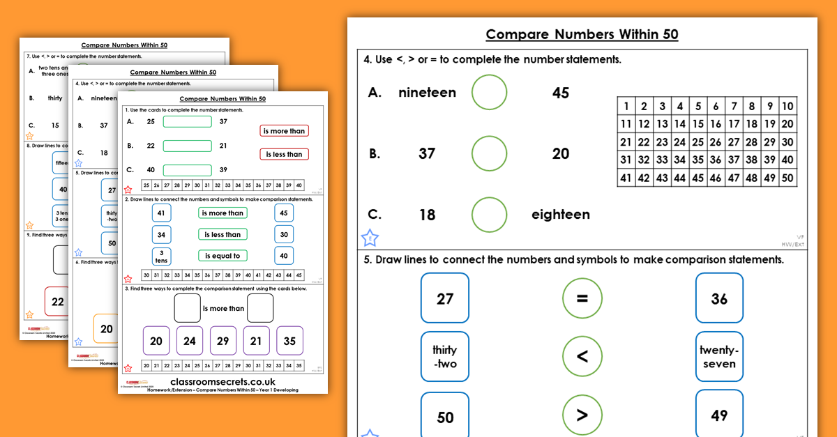 Compare Numbers Within 50 Homework