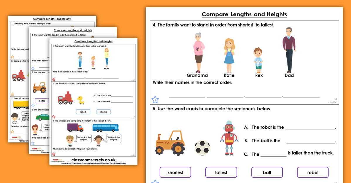 Free Compare Lengths and Heights Homework Extension Year 1 Length and Height  – Classroom Secrets