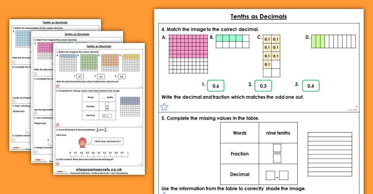 tenths as decimals homework extension year 4 decimals classroom secrets