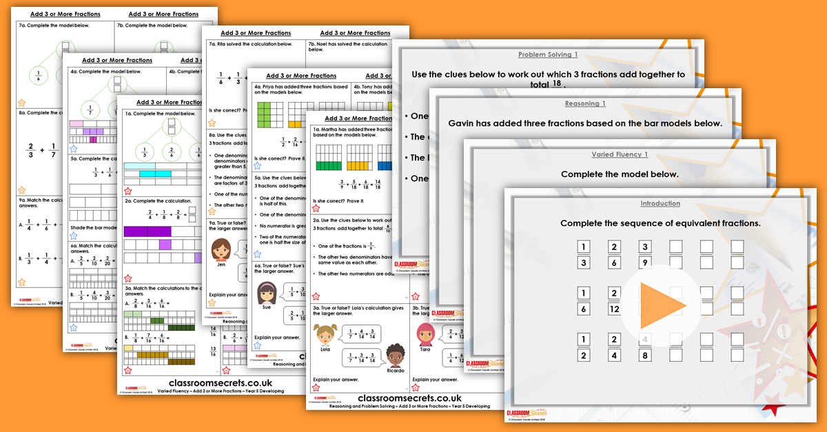 Add 3 or More Fractions Year 5 Resources