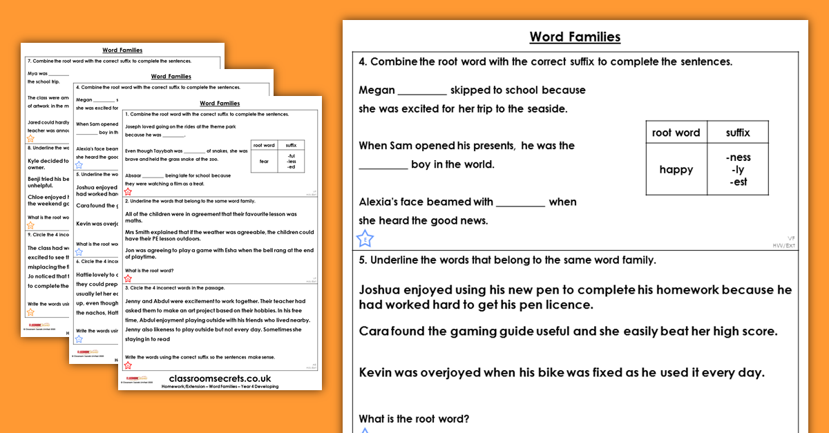 Free Year 4 Word Families Homework