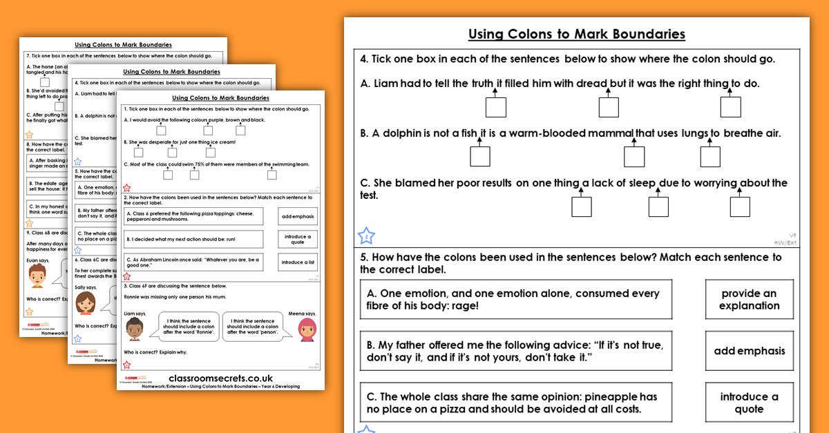 Year 6 Using Colons to Mark Boundaries Homework