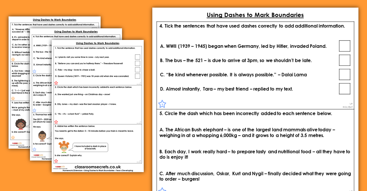 Year 6 Using Dashes to Mark Boundaries Homework