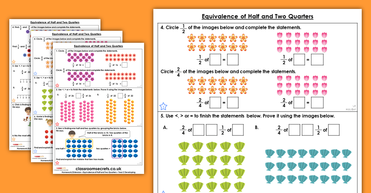 Year 2 Equivalence of Half and Two Quarters Homework