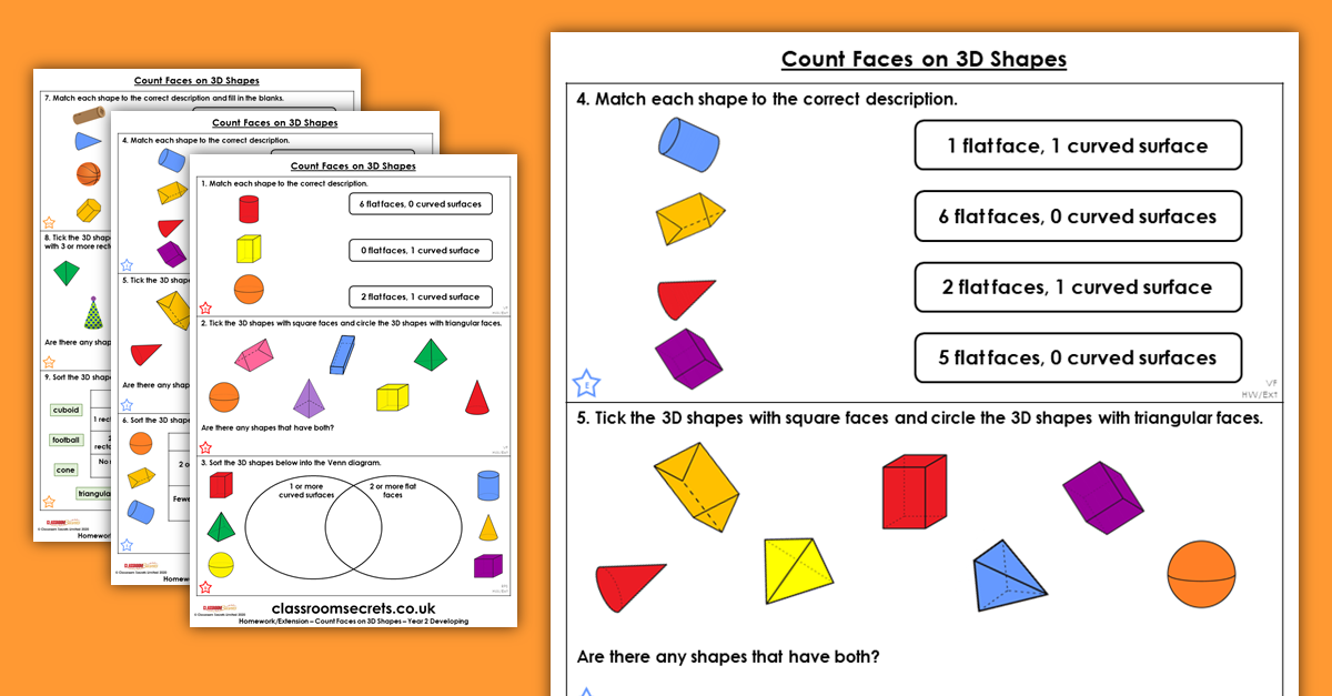 Year 2 Count Faces on 3D Shapes Homework Extension Properties of Shape | Classroom Secrets