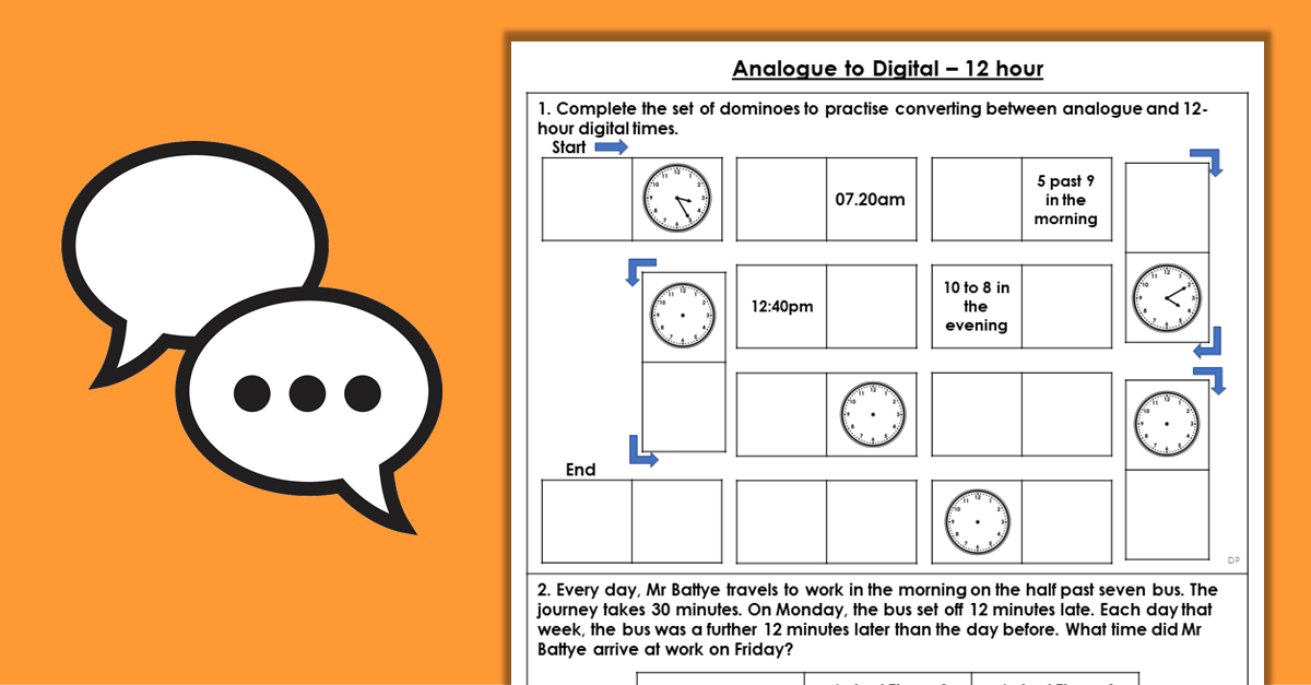 Year 4 Analogue to Digital-12 hour Discussion Problems Resources