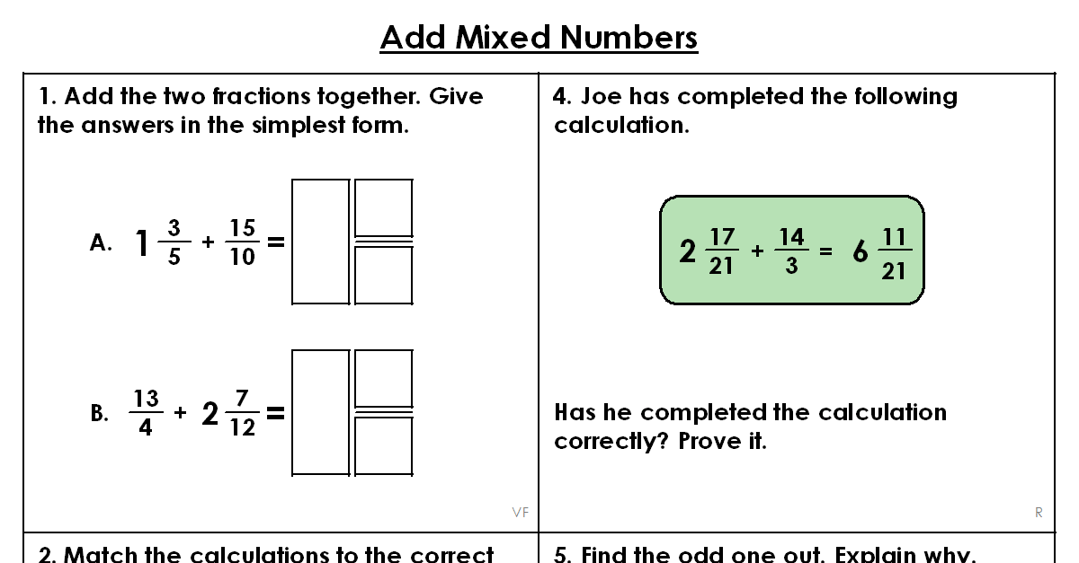 Mixed Number Calculations Worksheet