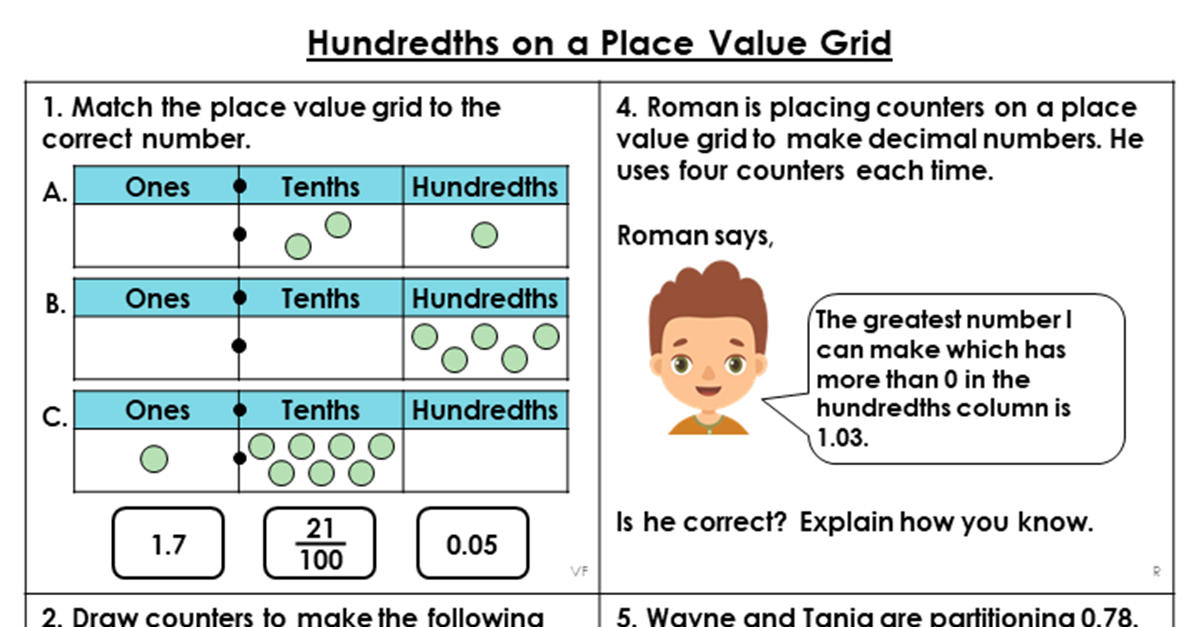 hundredths on a place value grid reasoning and problem solving