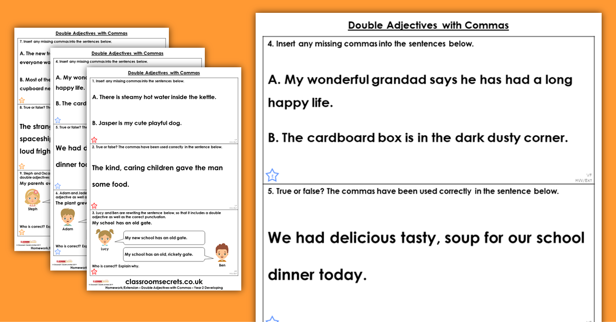 Year 2 Double Adjectives With Commas Homework Extension Word Classes 1 Classroom Secrets
