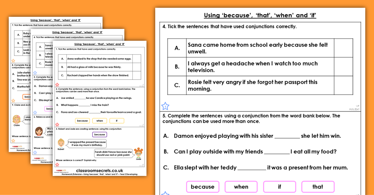 Year 2 Using 'because', 'that', 'when' and 'if' Homework