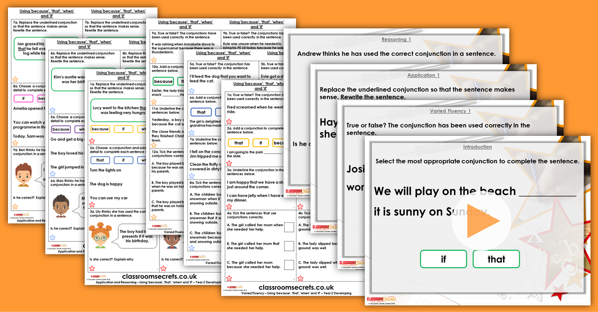 Using 'because', 'that', 'when' and 'if' Year 2 Conjunctions Resource Pack