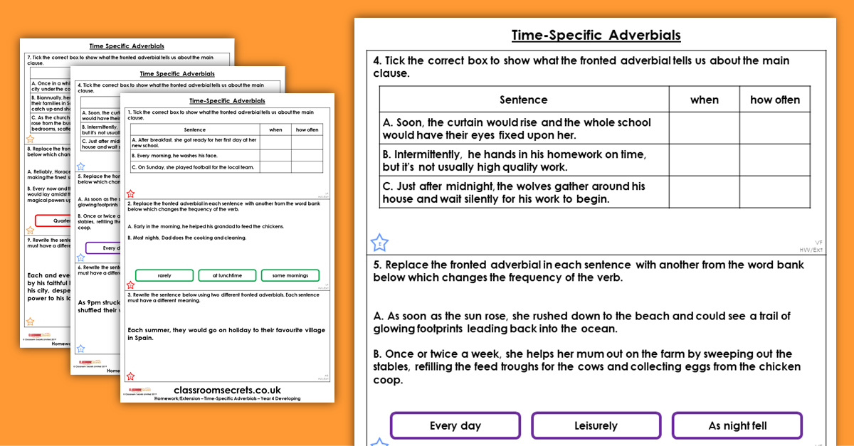 Year 4 Time-Specific Adverbials Homework
