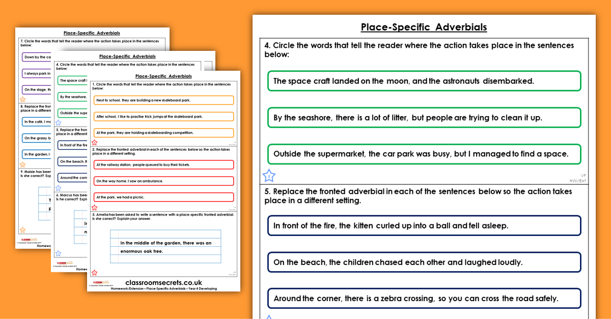 Year 4 Place Specific Adverbials Homework