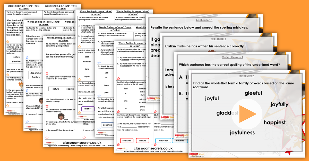Words Ending in ‘-sure’, ‘-ture’ or ‘-cher’ Year 4 Resource Pack