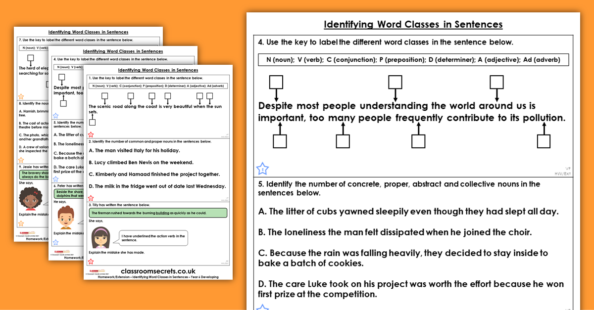 Year 6 Identifying Word Classes in Sentences Homework