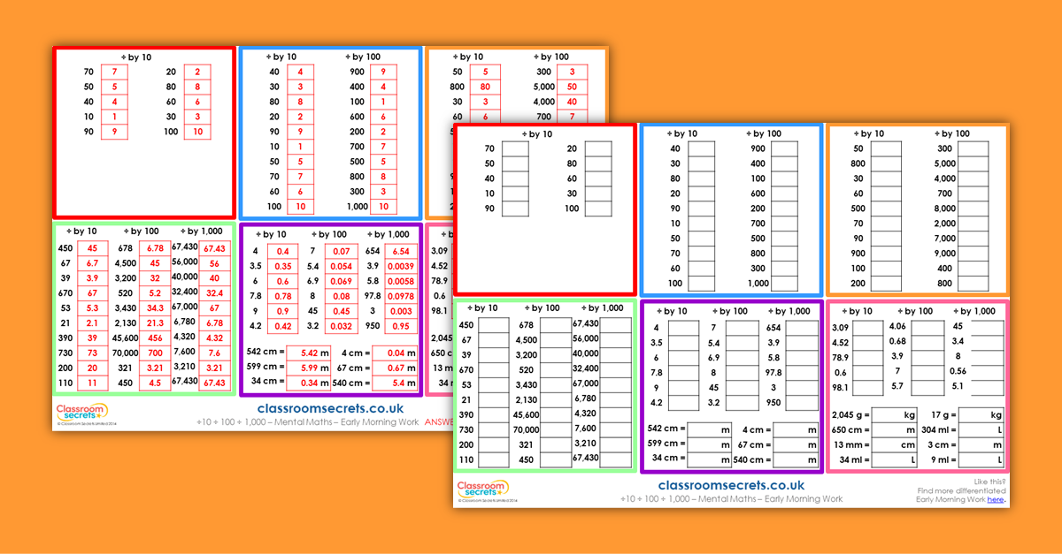 KS1 and KS2 Early Morning Work Mental Maths Divide 10, 100 and 1,000 Activity