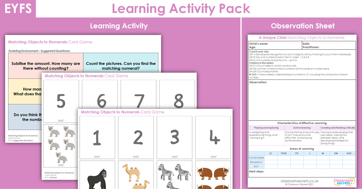 EYFS Matching Objects to Numerals Card Game (0-12) Learning Activity - Animals