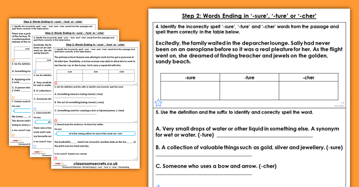 Year 4 Words Ending in -sure, -ture and -cher Homework