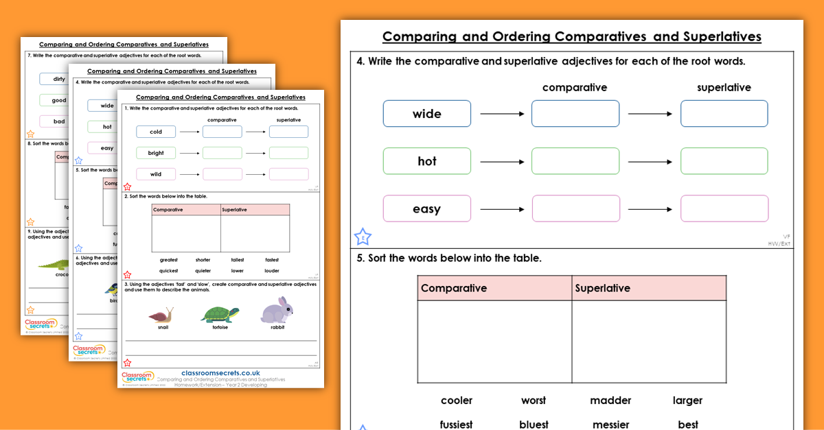 Year 2 Comparing and Ordering Comparatives and Superlatives Homework