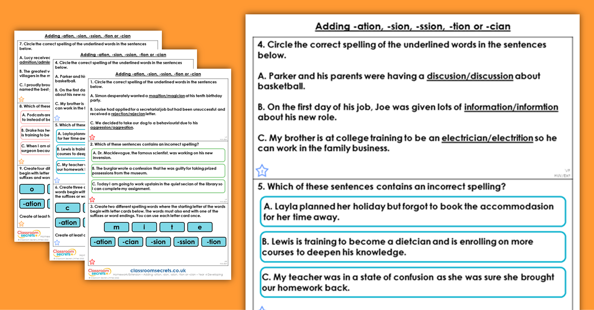 Year 4 Adding -ation, -sion, -ssion, -tion or -cian Homework