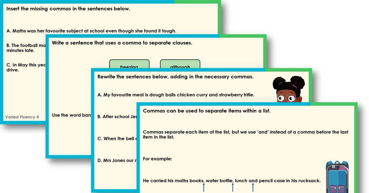 Free Year 5 Using Commas in Lists, Adverbials and Clauses Teaching PowerPoint