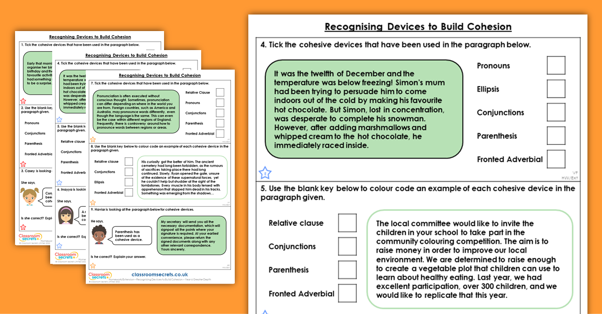 Year 6 Recognising Devices to Build Cohesion Homework