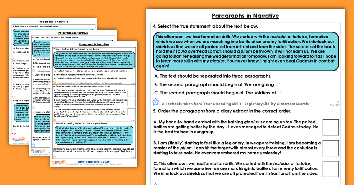 Year 3 Paragraphs in Narrative Homework