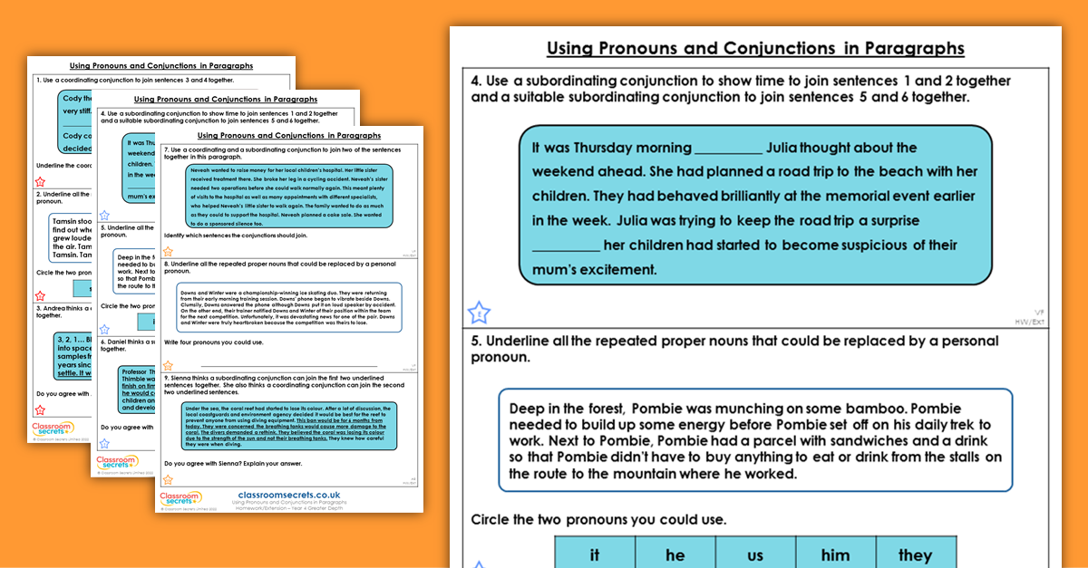 Year 4 Using Pronouns and Conjunctions in Paragraphs Homework