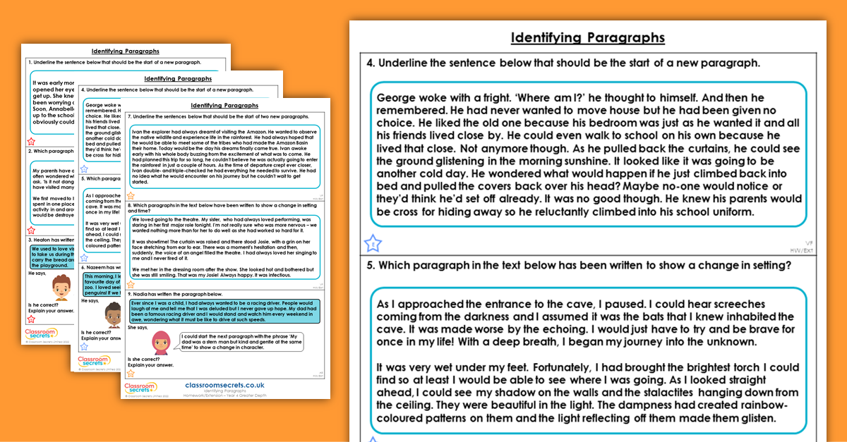 Year 4 Identifying Paragraphs Homework