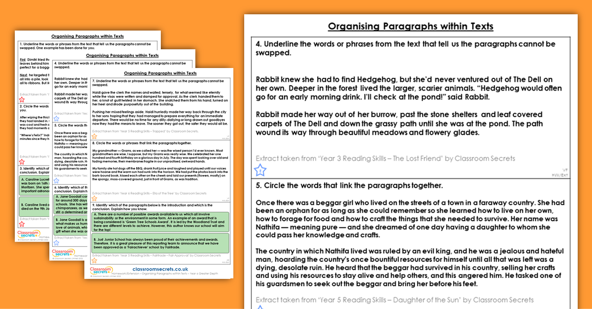 Year 6 Organising Paragraphs Within Texts Homework