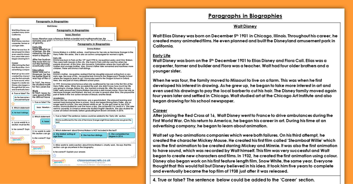 Year 3 Paragraphs in Biographies Homework