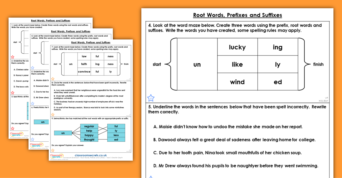 Root Words, Prefixes and Suffixes Homework